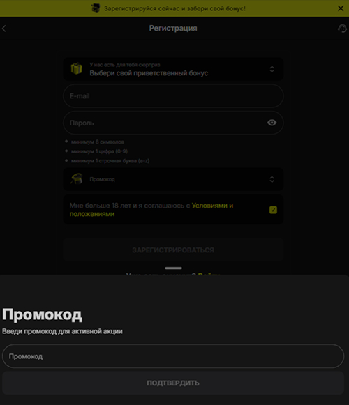 Поле для ввода промокода Parimatch